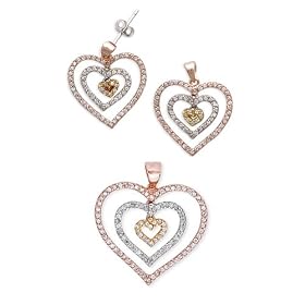Rose,Gold, And Rhodium Triple Heart Dangling Pendant and Earrings Set (Valentine's Day Special)