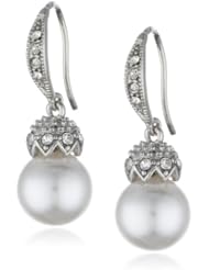 Roman Bride Simulated 10mm White Pearl and Crystal Drop Earrings