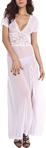 CASTALECA Mesh Lace V Neck Sheer Lingerie Gown Long Slit Dress With G-string