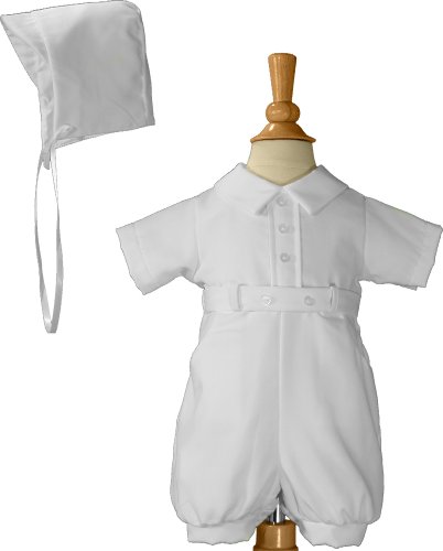 White Gabardine Christening Baptism Romper with Pockets, Belt and Hat