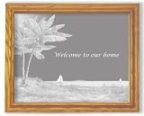 Tropical Palm Trees Art Etching in Framed Wall Mirror, Solid Oak Frame, Hand-Rubbed Finish, 19 x 23 inches - Great Housewarming Gift