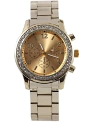 Sotijobs Classic Three Circles Stainless Steel Band Ladies Rhinestones Wrist Watch Golden