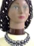 Sn69, Hand Crocheted Black Gimp Large Snood Trimmed with Sparkling Rhinestones for Women in Combination with Black Onyx Graduated Pearl Two Strand Choker Necklace and Earrings