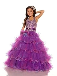 Girls  Lace Beaded Applique Crystal  Organza/Taffeta Floor Length Scoop Neck Halter  Ball Gown Pageant Dress  With Ruffles