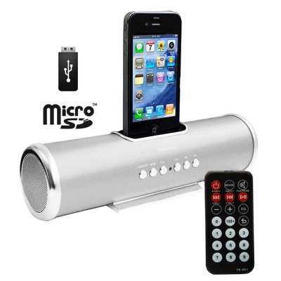 KAIDAER IP4G-J0450S Aluminum Straight Pipe Speaker Dock with Remote control for iPhone 4 & 4S, iPhone 3GS/3G, iPhone, Support USB Flash Disk, Micro SD Card (Silver)