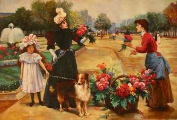 12X16 inch Figure Canvas Art Repro Mom,Girl,Puppy&Florist