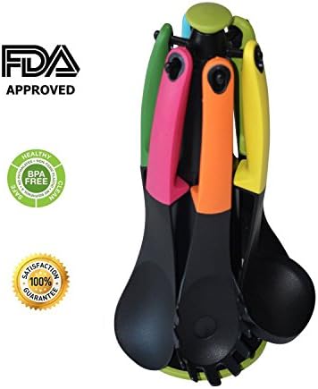 Kitchen Utensils, Leeberry Multi-Color Cooking Utensil Set Nylon Silicone Handles with Rotating Stand, 7-Piece (Spatula, Slotted Spoon, Slotted Turner, Ladle, Spaghetti Server, Solid Spoon, Stand)