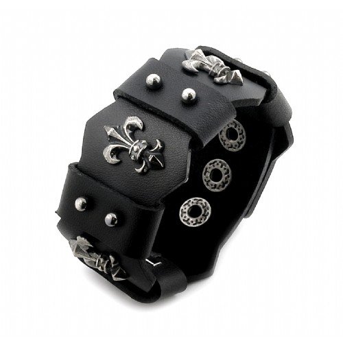 Power Black Leather Sharp Cut Fleur-De-Lis Bracelet With Ball Stud Accents Adjustable