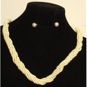 Multi Strand Twisted Ivory Small Pearls Short Chain Necklace and Earrings