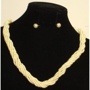 Multi Strand Twisted Ivory Small Pearls Short Chain Necklace and Earrings