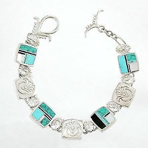 Ray Tracey Sterling Silver Link Bracelet with Turquoise, Black Onyx and Mother of Pearl Inlay, #8572