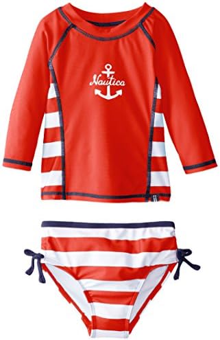 Nautica Little Girls' Stripe and Anchor Rashguard Swim Set, Red, 4T