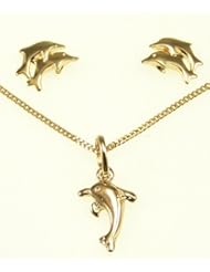 Kala-isjewels- Ladies-18ct Gold Plated "" Dolphins ""Pendant ( 0,63"" ) , Earrings and Chain (17,71"" )