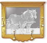 Wall Mounted Etched Mirror Coat Rack - Rustic Horse and Sleigh Art Etching - Solid Oak, Hand-Rubbed Finish