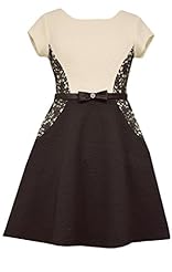Girls Satin Round Neck Fit-and-Flare Jacquard  Colorblocking  Lace Cap Sleeves  Dress With a Bow(s) and Rhinestones