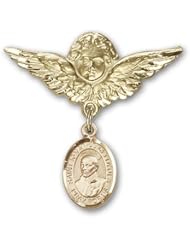 14K Gold Baby Badge with St. Ignatius Charm and Angel with Wings Badge Pin