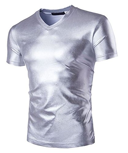 Mens Trend Nightclub Styles Metallic silver Button Down Shirts (XXL, silver-short)