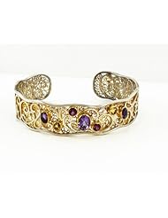 Michou Bali Style  Sterling Silver .925 and Vermeil Amethyst Garnet and Citrine Cuff Bracelet
