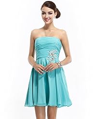 A-line Strapless Short Chiffon Lace Applique Natural   Waistline Bridesmaid Dress 
