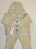 Cpk25, Knitted on Hand Knitting Machine Finished By Hand Crochet Little Boys Outfit Containing Beige Chenille Blue Chenille Cardigan Sweater, Pant, Hat Set in Sizes