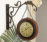 Etched in Time Dark Walnut Finish Wood Wall Hanging Train Station Clock Complete with Leaf Scroll Design Wall Hanger