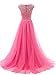 Tideclothes Long Beads Prom Dress Tulle Cap Sleeves Evening Dress