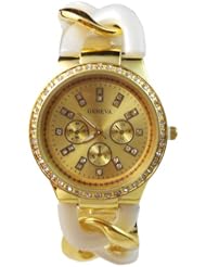 BestOfferBuy Womens Elegant Triple Dial Gold Tone Chain Bracelet Wrist Watch White