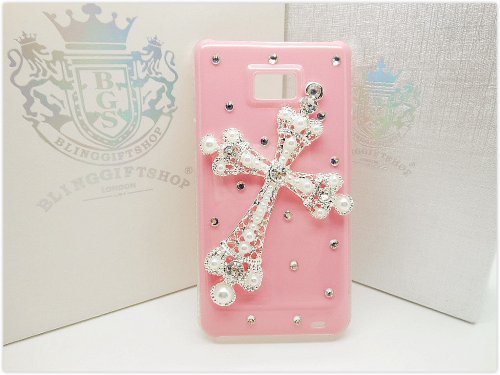 3D Bling Cross Design (BGG33) with High Quality Crystal Rhinestones Hard Case Cover For Samsung Galaxy S2 i9100 (Colour: Pink) - Free Gift