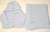 Knitted on Hand Knitting Machine Blue Cotton Hand Crochet Finished with Blue Chenille Infant Boys Cardigan, Hat Set Trimmed with Blue Race Car and Matching Large Blanket