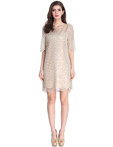 E.JAN1ST Women's Metallic Dress Boatneck 3/4 Sleeve Wave Gold Shift Party Dresses
