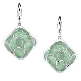 Designer Green Jade Dangle Earrings with Sterling Silver Leaf Scroll Overlay