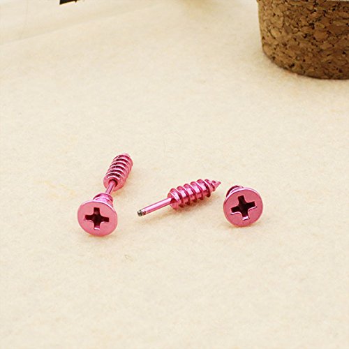 HuaYang Women Men Unisex Unique Nail Shape Carbon Teel Plating Screw Stud Earrings(Pink)