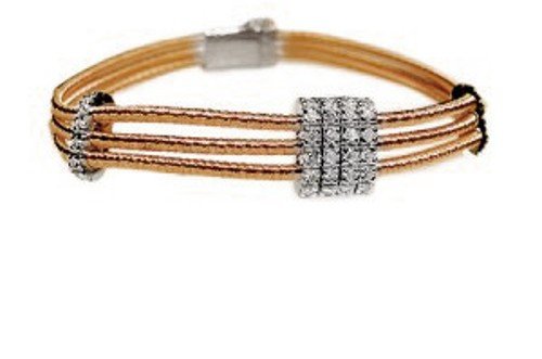 18K Rose Gold Multi-Strand, Hand-Woven Mesh Bracelet, Designed With Three Bar White-Gold Stations, Enhanced With Pave Set Diamonds. ( GH-Color, SI-Clarity; c.t.tw.0.60 CT ).