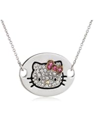 Hello Kitty Girls "Black Outline" Sterling Silver Black Pave Crystal Face Pink Crystal Bow Oval Disc Pendant Necklace, 17.5"