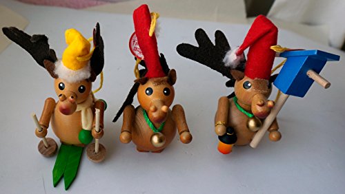 Steinbach Set of 3 Handmade Wood Christmas Ornaments Germany Moose / Reindeer