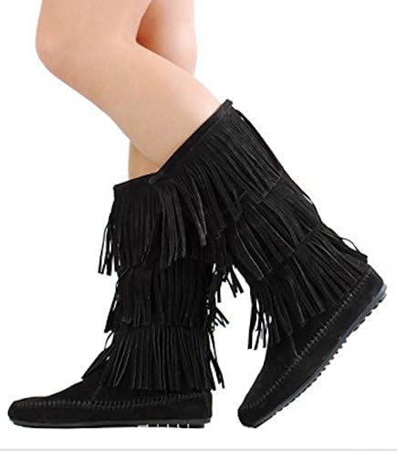 Women's Faux Suede Moccasin Fringe Mid Calf Boots in Black, Camel, Grey, Beige (7.5, Black)