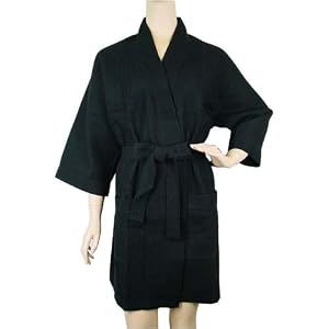 Black Waffle Weave belted shortie travel spa bathrobe robe