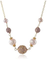 Alternating Graduated Pink Freshwater Cultured Pearls and Pink Cubic-Zirconia Pave Center on Gold over Silver Chain Necklace, 16"+2" Extender