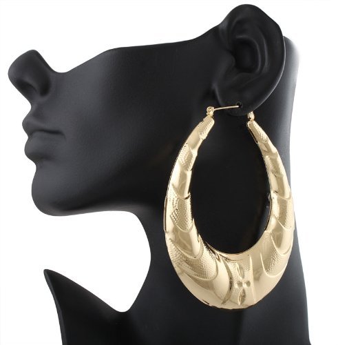 2 Pairs of Goldtone 3 Inch Oval Shaped Bamboo Door Knocker Style Hoop Earrings