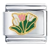 White And Pink Tulip Flowers Italian Charms Bracelet Link