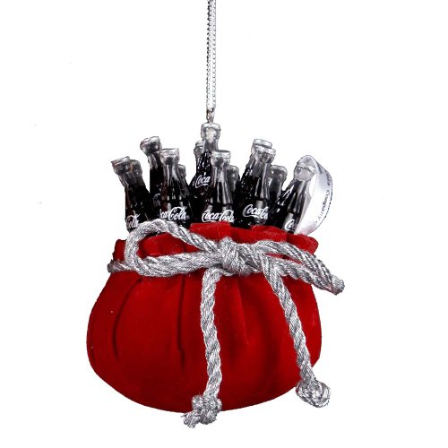 Kurt Adler 3-3/4-Inch Resin Coca-Cola Bottles in Red Velvet Bag Ornament