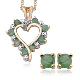 18k Yellow Gold Plated Sterling Silver Genuine Emerald and Diamond Accent Heart Pendant, 18 and Earring Set