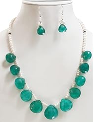 Good Looking Natural Fresh Water Pearl & Green Onyx Drops Beaded Necklace with Free Earrings