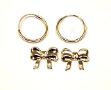 14k Yellow Gold Bow-Tie Stud and 14k Yellow Gold 10mm Endless Hoop Earring Set