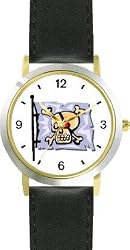 Pirate Skull & Crossbones Flag - Pirate Theme - WATCHBUDDY&reg; DELUXE TWO-TONE THEME WATCH - Arabic Numbers - Black Leather Strap-Children's Size-Small ( Boy's Size & Girl's Size )