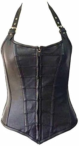 Zip Front Halter Style Buckle Lambskin Leather Corset (Small)