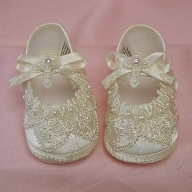 Christening Shoes Gorgeous Antique Style Lace Ivory With Lace Cross - Size 1(3-6 months)