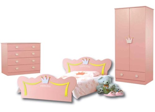 FAIRYTALE PRINCESS CHILDRENS NOVELTY FURNITURE ~ 3 PIECE PINK BEDROOM SET ~ WARDROBE, 3FT SINGLE BED & CHEST OF DRAWERS