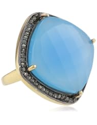 22K Yellow Plated Silver 15 CT Round Checkerboard Blue Onyx and Champain Diamond Cocktail Ring (.7 Cttw), Size 7