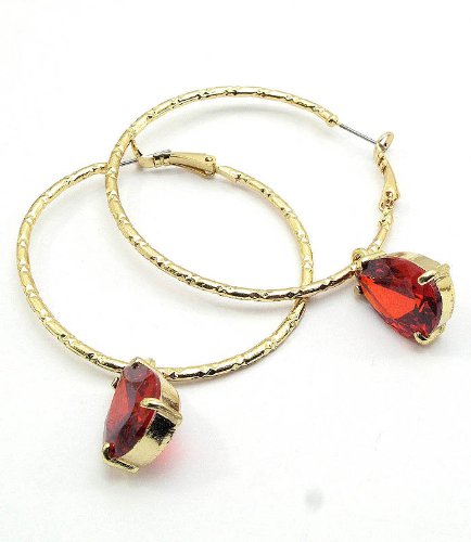 Sparkling Red Crystal Tear Drop Gold Hoop Earrings Fashion Jewelry
